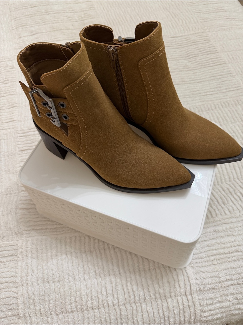 a.n.a Cognac Suede Pointed Ankle Booties with Buckle Detail